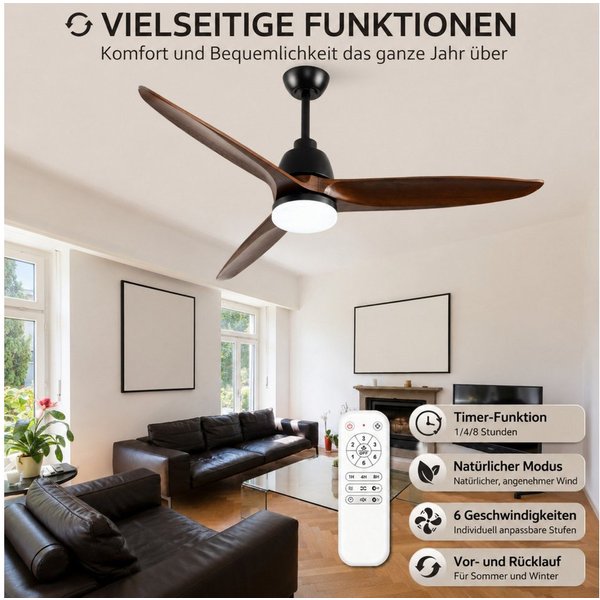 Blossom Deckenventilator 56Zoll-Deckenventilator mit Licht, Massivholzflügeln, 3CCT LED, 142 cm Durchmesser, DC-Motor und Fernbedienung für Wohnzimmer Schlafzim