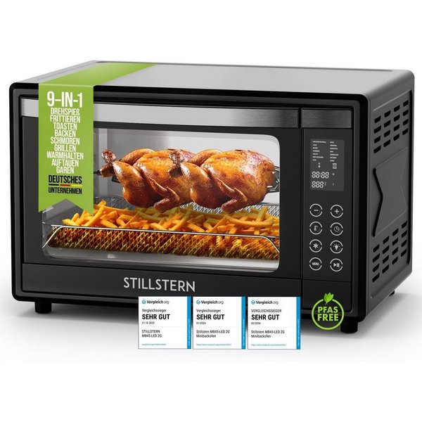 Stillstern Minibackofen MB45-LED 2G (45L) Deutsche Version, Ofenhandschuhe, Rezeptheft, Drehspieß, Timer, Innenbeleuchtung