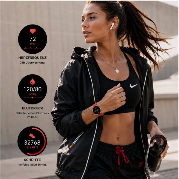 XCOAST SIONA 2 - ultraflache Damen Smartwatch (4,2 cm/1,3 Zoll, iOSAndroid) Kaminrot, Fitness Tracker, AMOLED, 1-tlg., 7 Tage Akku, Blutdruck, Wasserdicht, Puls