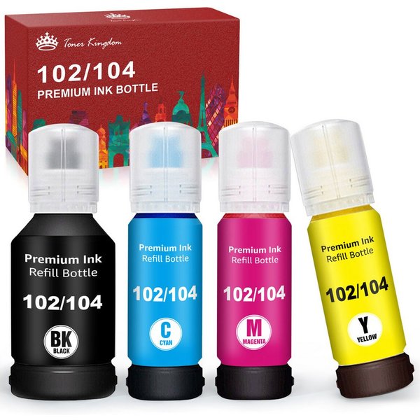 Toner Kingdom 4/8 Kompatible für EPSON 104 EPSON 102 Ecotank Multipack Nachfülltinte (für EPSON, ET-2820 ET-2821 ET-2825 ET-2826, x, ET-2700 ET-2710 ET-2751 ET-