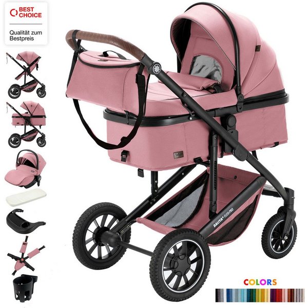 Daliya® Kombi-Kinderwagen FLEXI-PRO M 3in1 Kinderwagen & Buggy, Reisekinderwagen, XXL Set, (XXL-Set mit i-Size Babyschale, 13-tlg), Einhändig abnehmbare Wanne, 