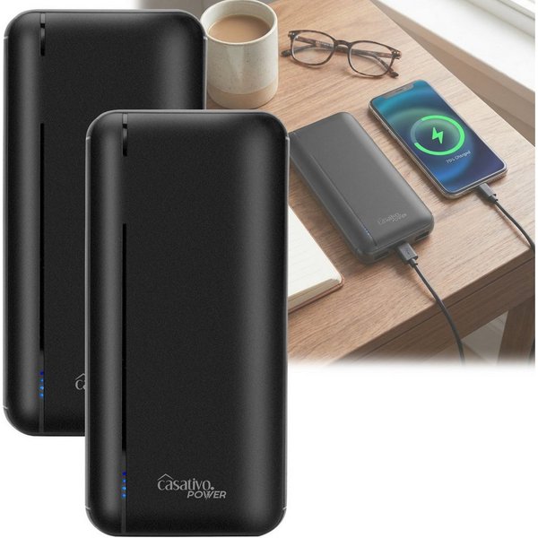 Casativo Kompakte Powerbank 20.000 mAh 3 USB-Ports, Quick Charge 3.0 Smartphone-Ladegerät (2-tlg., gleichzeitige Ladungen von 3 Geräten, 3 A / 15 Watt, 2 USB-A-