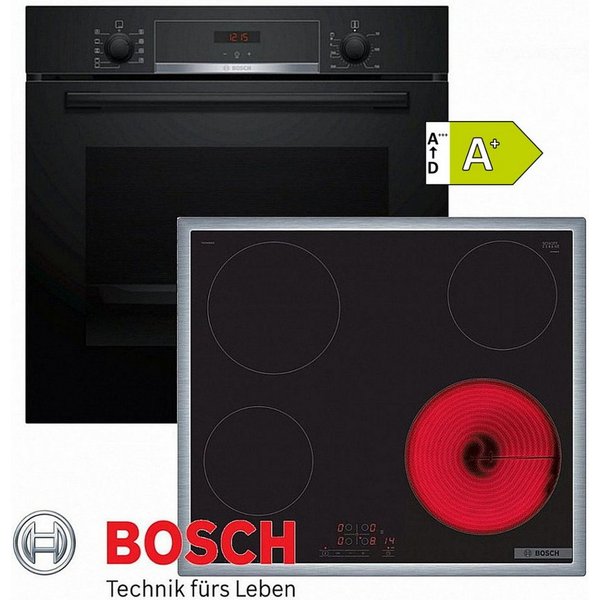 BOSCH Elektro-Herd-Set Bosch Serie 4 Herd Backofen Schwarz 3D + Glaskeramik Kochfeld Rahmen, mit 1-fach-Teleskopauszug, Katalyse- Rückwand