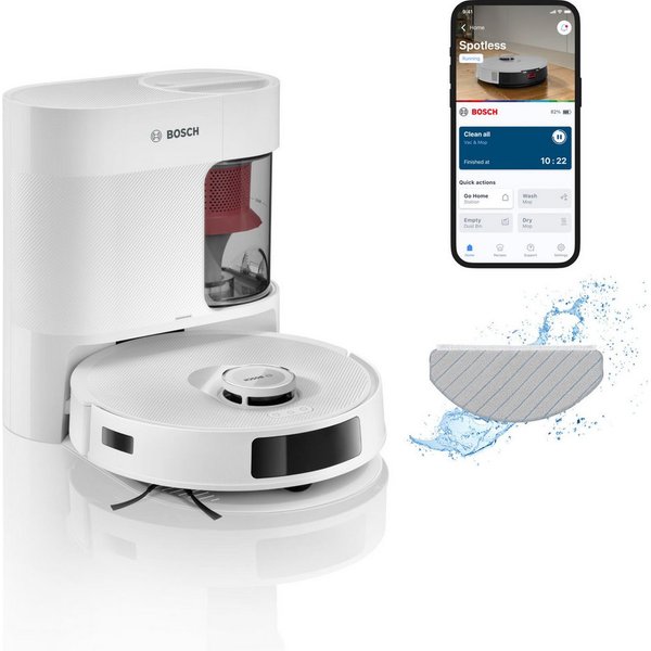 BOSCH Saugroboter Spotless BCRD1W, Saugroboter mit Wischfunktion, 11.000 Pa Saugkraft, 60 W, beutellos, Trocken-Servicestation, Infrarot Navigation, Carbon Bürs