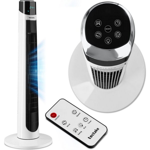 tectake Turmventilator Standlüfter Arktis in weiß, leise, energiesparend, Inkl., 90° Schwenkfunktion, 3 Modi, inkl. Timer, Touchpanel und LED-Display