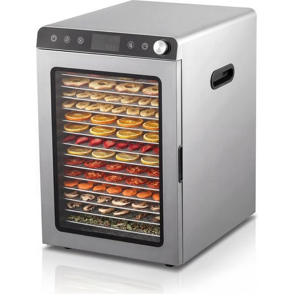 Arendo Dörrautomat Edelstahl, 16 Fächer, Temperaturregler 30°-85°C, Dörrgerät, Dehydrator 1000 W, 16 Etagen, Obst, Fisch, Fleisch Dörrapparat, Obsttrockner, Tim