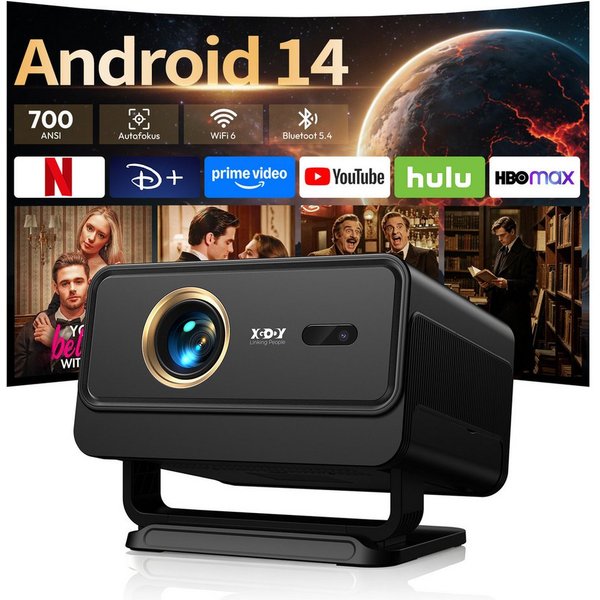 XGODY Smart Beamer Android 14 mit Apps, 1080P Projektor 4K Unterstützt Mini-Beamer (700 lm, 1500:1, 3840 x 2160 px, 700 ANSI Lumen, Beamer 4K Heimkino mit Autof