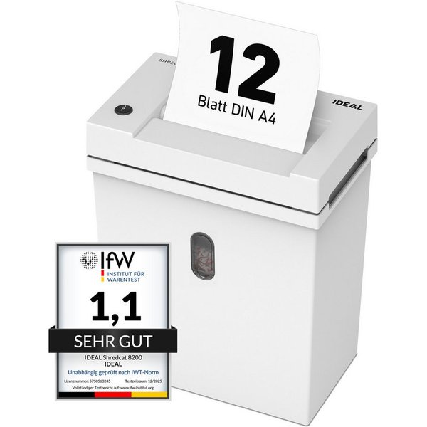 IDEAL Aktenvernichter IDEAL SHREDCAT 8200 CC, 2 x 12 mm Partikelschnitt, Sicherheitsstufe P-5, bis 12 Blatt, 21 l Auffangvolumen, DSGVO-konform