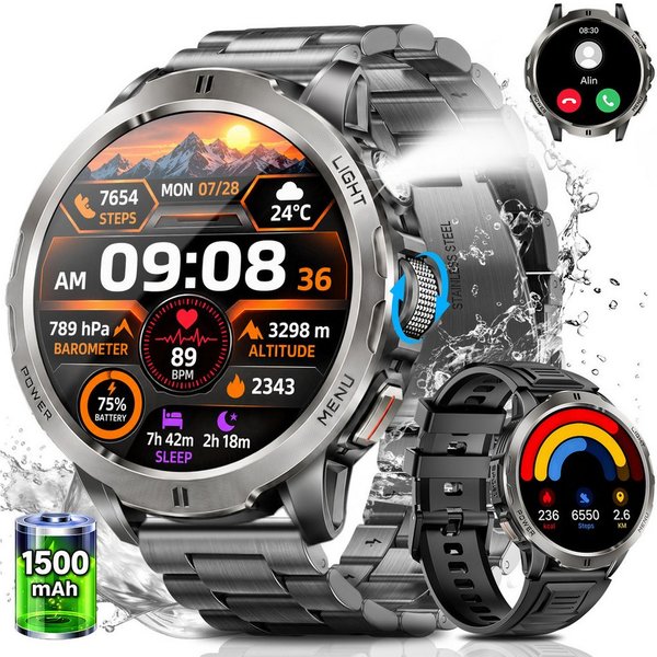 Whraills 2026 Herren Militär-Smartwatch mit 1,85" AMOLED und 75 Tagen Standby Smartwatch, Herren-Fitnessuhr, mit IP68+5ATM, 24/7 Herzfrequenz, SpO₂, Blutdruck &