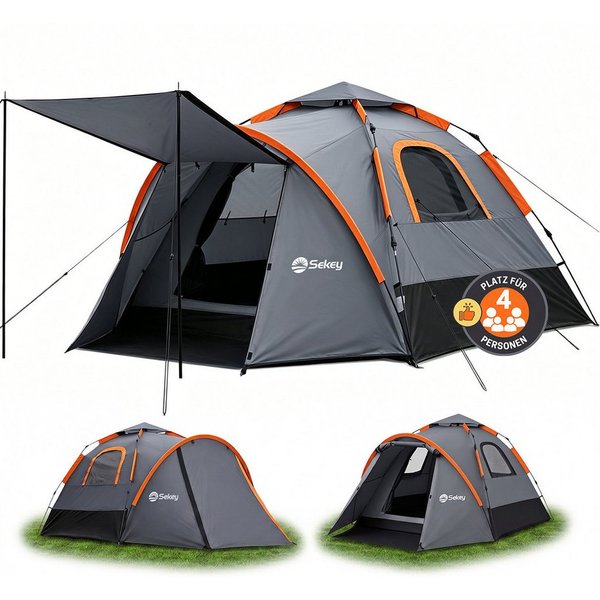 Sekey Kuppelzelt 3 in 1 Pop Up Campingzelt 4 Personen mit Vorzelt und Markise, Personen: 4, Pop up Kuppelzelte, Wasserdicht PU3000+ & UPF50+ Sonnenschutz