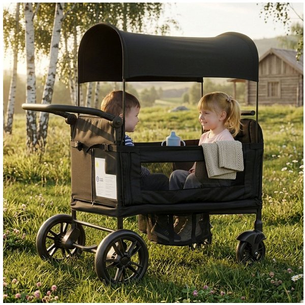 KEFEYA Bollerwagen für Kinder, faltbar für 2–4 Kinder (mit Sonnendach & 5-Punkt-Gurt, 8-fach verstellbarem Griff, kompakt für Spaziergänge & Ausflüge, für Kinde