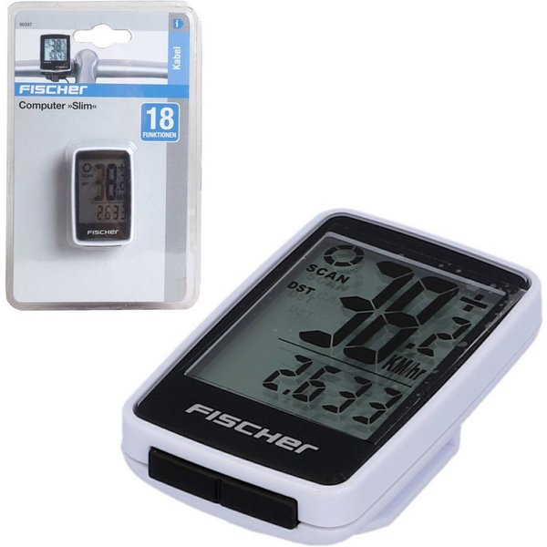 FISCHER Fahrrad Fahrradcomputer Fahrradcomputer Slim Fahrradtacho Weiß, Rad-Computer Tacho LCD Display 18 Funktionen