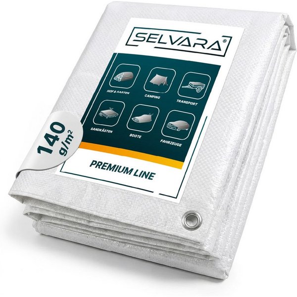 SELVARA Schutzplane Abdeckplane 140g/m² weiß mit Ösen, Gewebeplane wasserdicht, reißfest, Plane UV-stabilisiert in vielen verschiedenen Farben & Größen