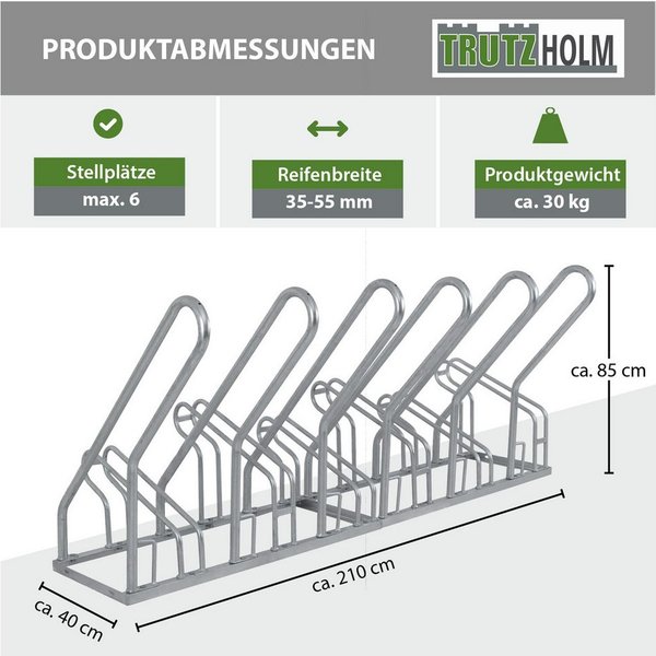 TRUTZHOLM Fahrradständer für 6 Fahrräder 210x40x85 cm Stahl feuerverzinkt 2x3 höhenversetzt, mit Anlehnbügel