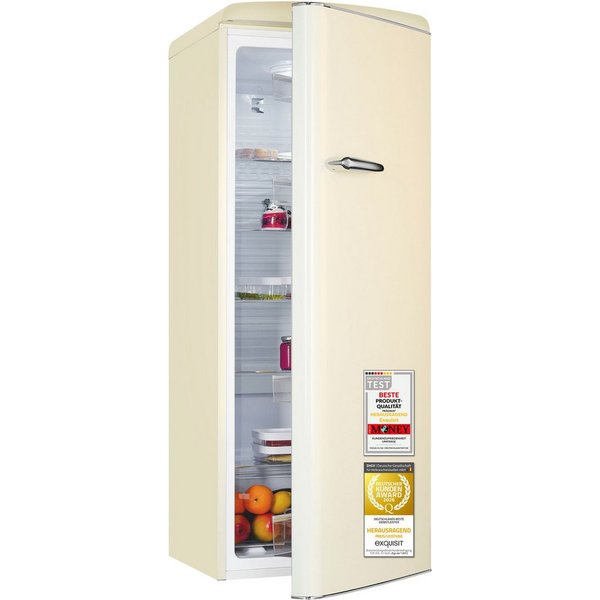 exquisit Kühlschrank RKS325-V-H-160C magnolienweiss, 146,5 cm hoch, 54,5 cm breit, LED-Beleuchtung, verstellbare Glasböden, Retro-Design