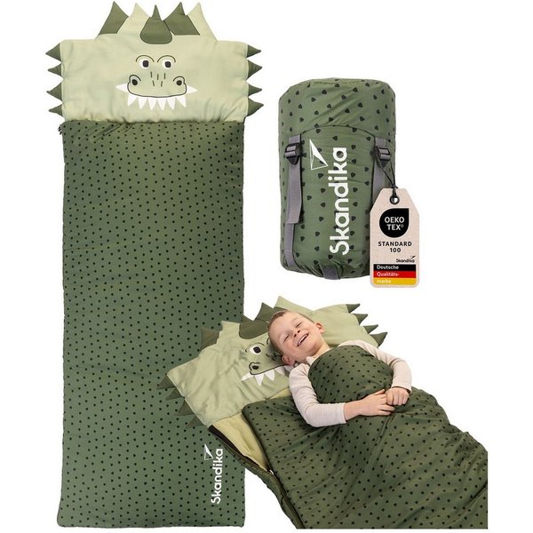 Skandika Kinderschlafsack Soti, für Kinder bis 150 cm, Kopfkissen, buntes Design Dinosaurier (maschinenwaschbar, Kopfteil, in Tierform und mit Tiermotiv bedruck