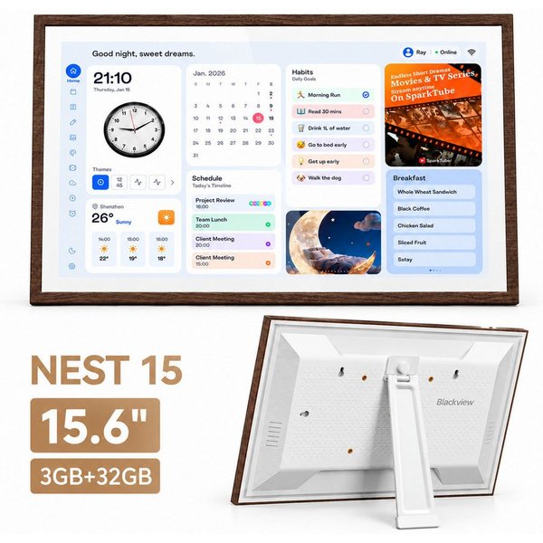 blackview Nest 15 15.6" Kalender Digitaler Bilderrahmen mit WiFi-Fotoübertragung Tablet (15.6", 32 GB, 3+32GB, 1920x1080 FHD+, WiFi 6, 24 Sprachen)