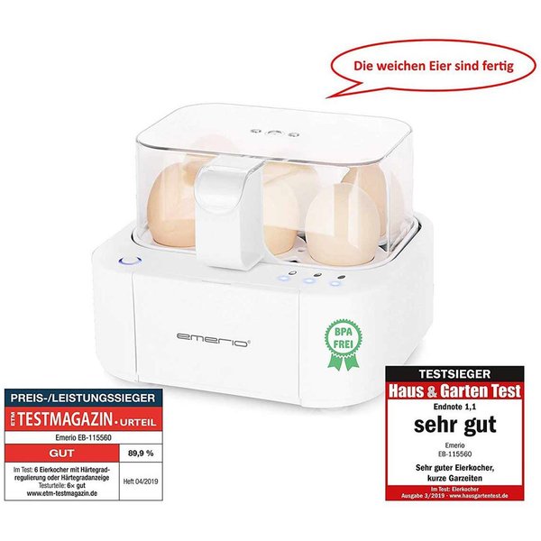 Emerio Eierkocher EB-115560.2 mit Sprachausgabe in Deutsch, Anzahl Eier: 6 St., 400 W