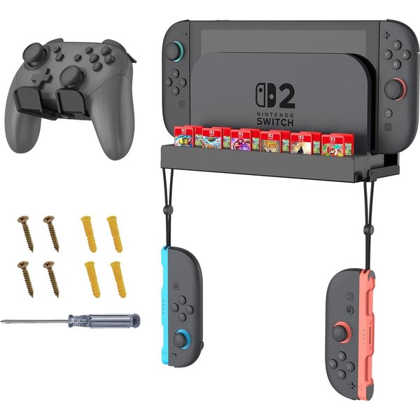 Fintie Wandhalterung für Nintendo Switch 2, Metall-Wandhalterungsset Zubehör Nintendo (mit 1 Controller-Halter, 12 Spielkartenhaltern, Konsolen-Organizer)