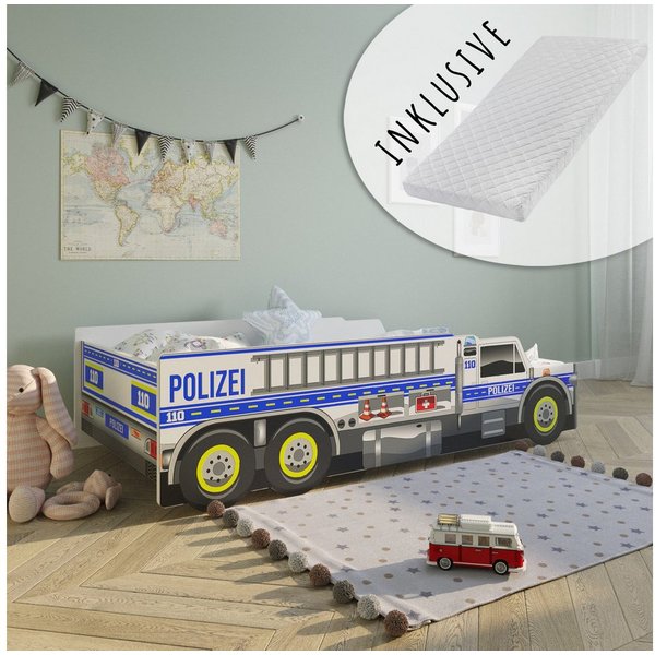 Kids Collective Autobett Kinderbett Jugendbett 80x160, Polizei mit Rausfallschutz Polizeiauto, mit Lattenrost 80x160 cm mit Matratze