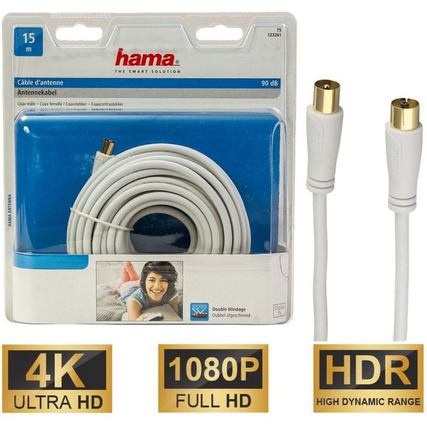 Hama 15m Antennen-Kabel 90db Koaxial-Kabel Weiß Video-Kabel, Koaxial, Koaxial (1500 cm), Koax-Kabel Full HD TV 4K UHD HD+ HDR 90db Schirmung