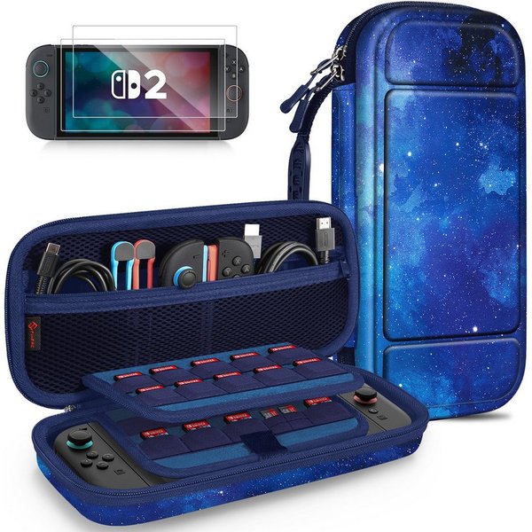 Fintie Nintendo-Schutzhülle Tasche mit 2 Panzerglas für Nintendo Switch 2(2025), 2-in-1 Zubehörset, mit 2 Stücke Schutzfolie, 1 Tragetasche mit großem Fassungsv
