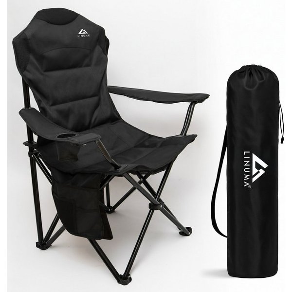 LINUMA Campingstuhl faltbar mit extra großem Getränkehalter, stabiler Klappstuhl schwarz (1 St), Faltbarer Campingstuhl mit XL-Getränkehalter für Festival & Out