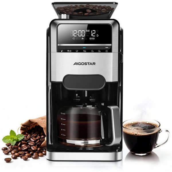 Aigostar Kaffeemaschine mit Mahlwerk, 1.5l Kaffeekanne, Wiederverwendbare Filter, Warmhaltefunktion, Selbstreinigungsfunktion, Intelligente Erinnerung