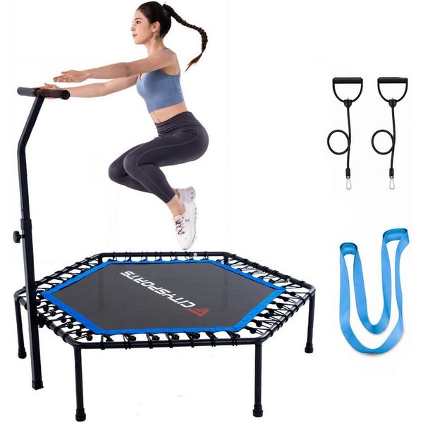 CITYSPORTS Fitnesstrampolin Mini-Trampolin mit Haltegriff 3-fach höhenverstellbar, Ø130cm, 6-Eck, 42 Elastikbänder, bis 100 kg,Nicht klappbar