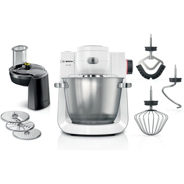 BOSCH Küchenmaschine Serie 6 MUMS6EW13D, Durchlaufschnitzler, Edelstahlschüssel, weiß, 1600 W, 5,5 l Schüssel, 7 Stufen, 3 Scheiben, Knethaken/Rühr-/Silikonbese