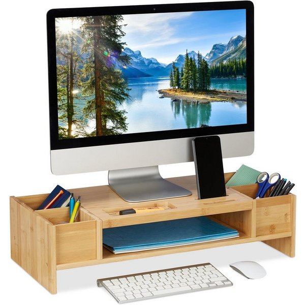 relaxdays Monitorständer Bambus Monitorständer mit Fächern, (1-tlg)