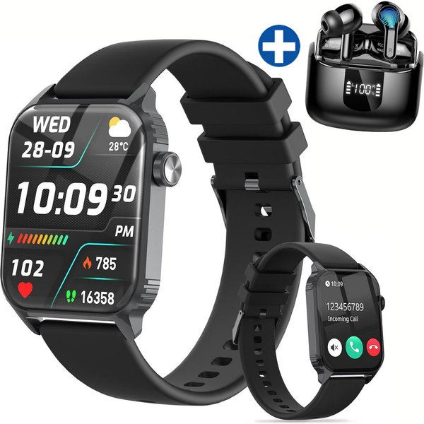 ibettertec Smartwatch Damen Herren und kabellose Bluetooth-Kopfhörer Set Smartwatch 1.85'' HD Fitnessuhr,Smart Watch for Women mit 200+ Sportmodi,Fitness Tracke