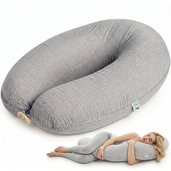 SEI Design Stillkissen Kapok-Füllung XXL 190x35 cm, Musselinbezug Bio-Baumwolle, ergonomisch, Schwangerschaftskissen mit Bezug, Seitenschläferkissen mit Kapok-F