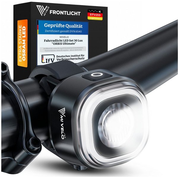 MIVELO Fahrradbeleuchtung ORBIS Fahrradlicht LED Set – Frontlicht oder Set, Akku, USB-C, StVZO zugelassen, mit Bremsfunktion erhältlich