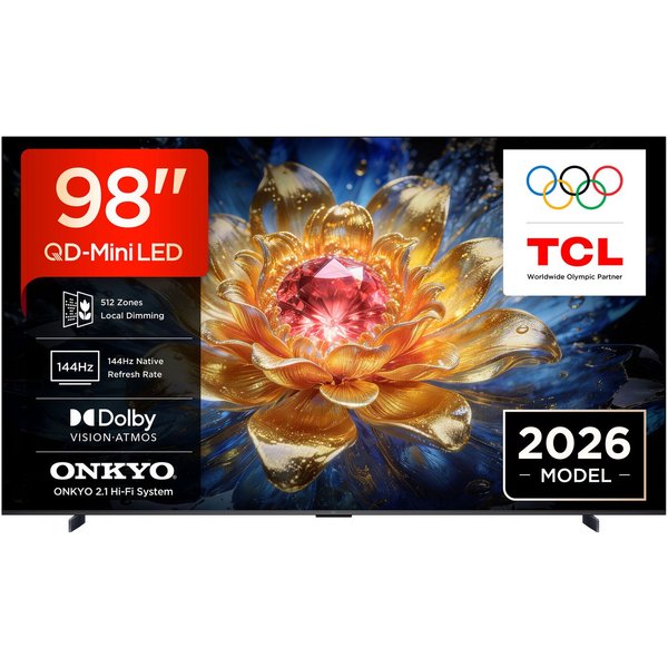 TCL 98T8D Mini-LED-Fernseher (248 cm/98 Zoll, 4K Ultra HD, Smart-TV, Google TV, QD-Mini LED, AiPQ Pro Prozessor, 144Hz, Dolby Atmos, Apple AirPlay 2)