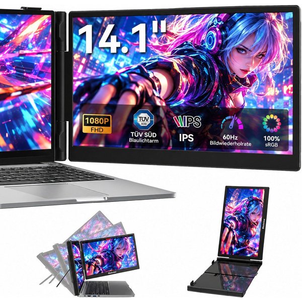 blackview Laptop Monitor Erweiterung 14" FHD 1080P IPS für 13"-17" Laptops Portabler Monitor (1920x1080 px, Full HD, IPS, 995g, 180°, 13,3-17,3 Zoll & Windows/M