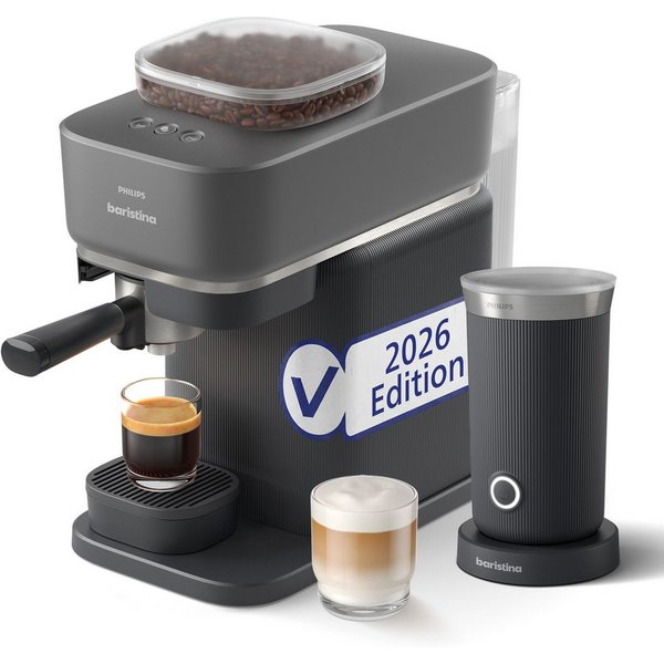 PHILIPS baristina Espressomaschine BAR308/60 mit Mahlwerk für ganze Bohnen, Milchaufschäumer inkl., 16 bar Pumpendruck, Schwarzgrau