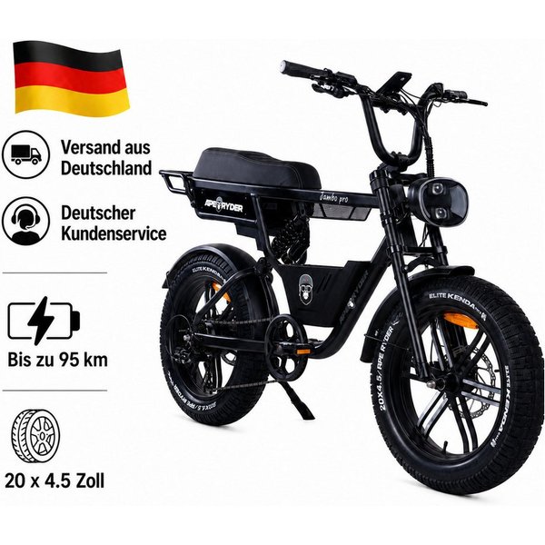 APE RYDER E-Bike Mountainbike Jambo Pro 20 Zoll Fatbike, 250 W Motor 48 V 13 Ah Akku, bis 95 km, 7 Gang, Heckmotor, 624 Wh, (Packung), Shimano 7-Gang, hydraulis