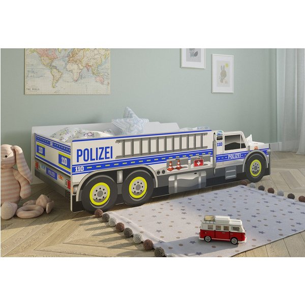 Kids Collective Autobett Kinderbett Jugendbett 80x160, Polizei mit Rausfallschutz Polizeiauto, mit Lattenrost 80x160 cm optional mit Matratze Polizist Spielbett