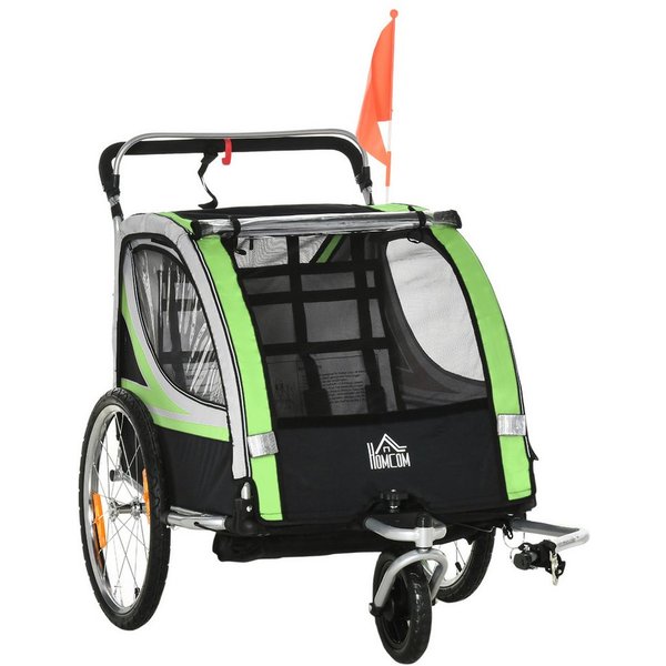 HOMCOM Fahrradkinderanhänger Kinderanhänger, Fahrradanhänger, für 2 Kinder, grün, für Garten, Balkon, Grün+Schwarz