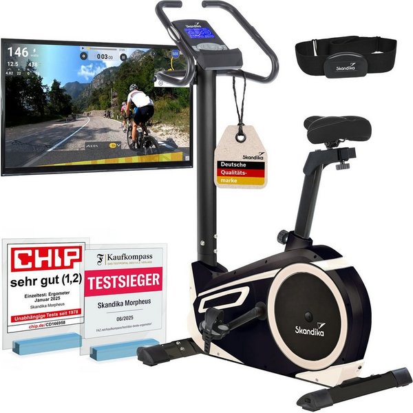 Skandika Heimtrainer Fahrrad Morpheus, Ergometer für Zuhause, Fitnessbike bis 150 kg (Bluetooth, Tablet-/Smartphone-Halterung, Transportrollen), 12kg Schwungmas