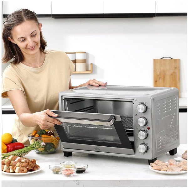 HOMCOM Minibackofen 32L 100 °C-230 °C 1600 W Mini Ofen mit Backblech Krümelblech, Silber 52,2 x 38,1 x 33,5 cm
