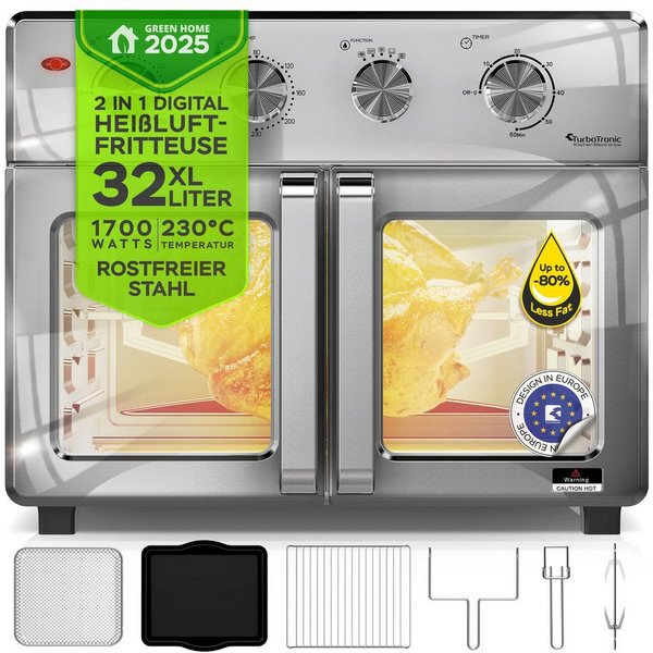 TurboTronic by Z-Line Minibackofen 1700 W 32 l Mini Backofen Airfryer Umluft Grill Drehspieß Pizzaofen, Tischbackofen, kleiner Backofen, Mini Ofen, Heißluftfrit