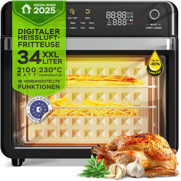 TurboTronic by Z-Line Minibackofen 2100 W 34 l Mini Backofen mit Airfryer Umluft Grill Pizzaofen Dörrer, Tischbackofen, kleiner Backofen, Mini Ofen, Heißluftfri