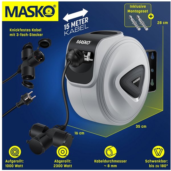 MASKO Verlängerungskabel, (15 cm), Automatik Kabeltrommel Verlängerungskabel mit 3-Fach Anschluss