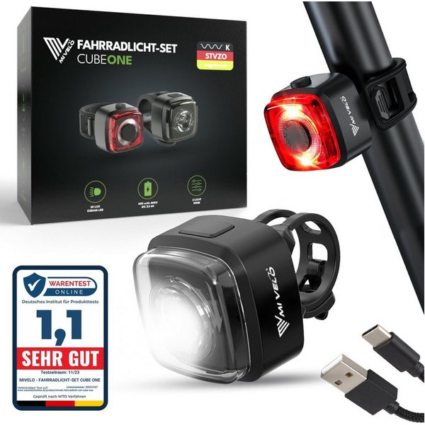 MIVELO Fahrradbeleuchtung CUBE Fahrradlicht Set LED - Akku USB aufladbar wasserdicht, OSRAM LED