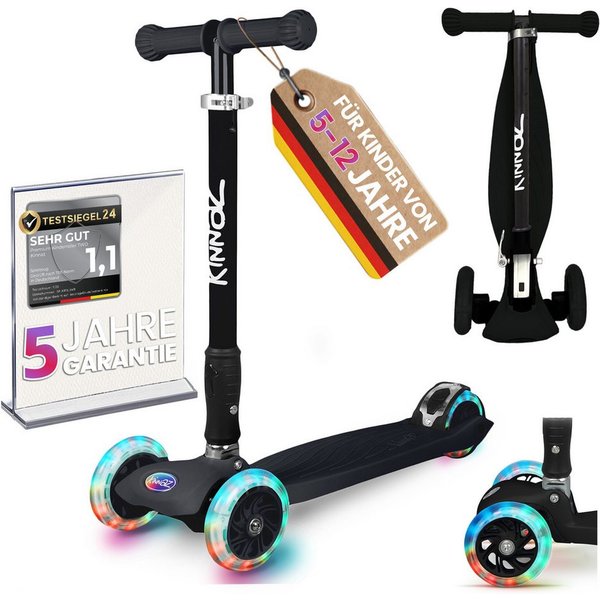 KINNAZ Dreiradscooter ab 5 Jahre, LED Räder, Höhe flexibel, faltbar, Roller Scooter Garantie, (Kinderroller, Kinnaz Two), faltbar, höhenverstellbar, LED Räder, 