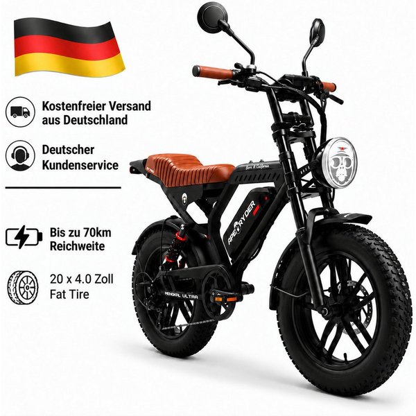 APE RYDER E-Bike Mountainbike 20 Zoll Fatbike 48V 15Ah Akku, bis 80 km, Shimano 7-Gang, hydraulisch, 7 Gang, Heckmotor, 720 Wh, (Packung)