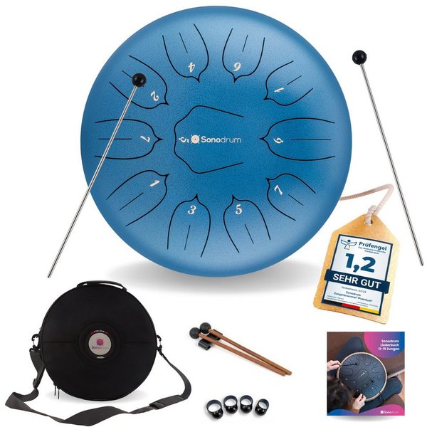 Sonodrum Steel Tongue Drum "Standard", D-Dur, 30 cm, 11 Zungen inkl. Liederbuch und Tragetasche