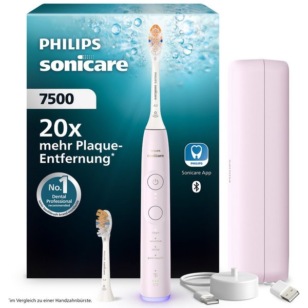 Philips Sonicare Elektrische Zahnbürste Series 7500, Aufsteckbürsten: 2 St., mit Drucksensor und 3 Intensitätsstufen, inkl. Reiseladeetui